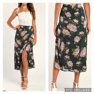 Lulus My Favorite Flower Emerald Spring Floral Midi Skirt Cottage Size Large